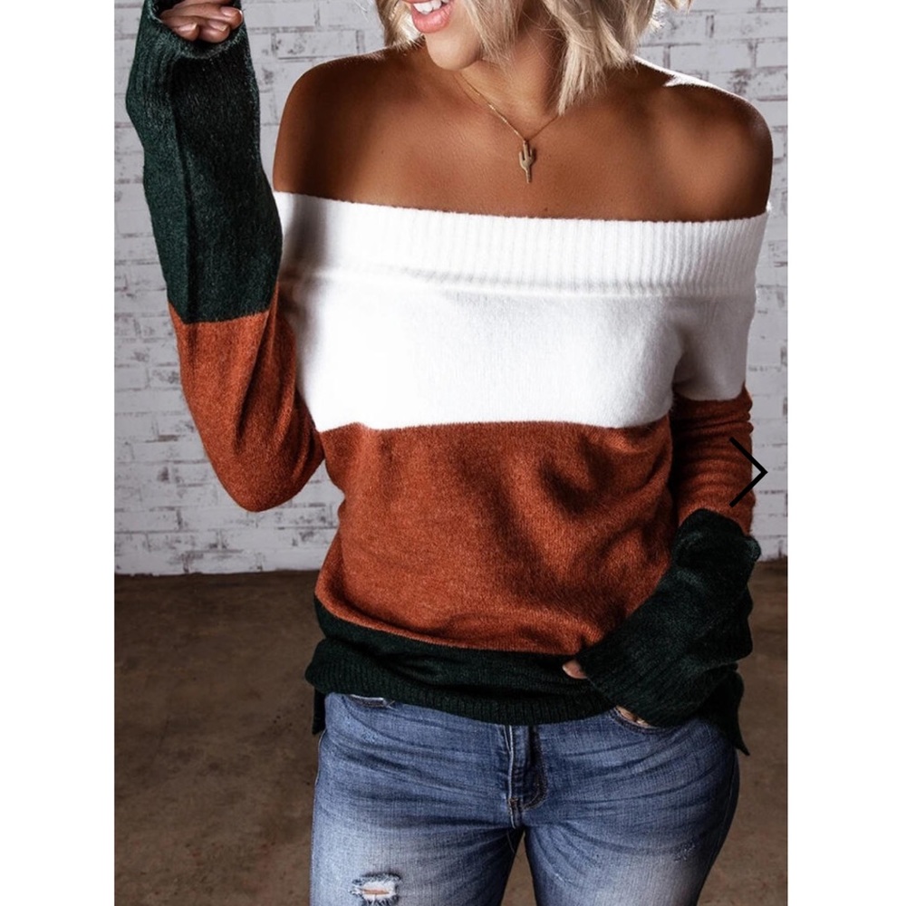Color Block Off Shoulder Christmas Sweater